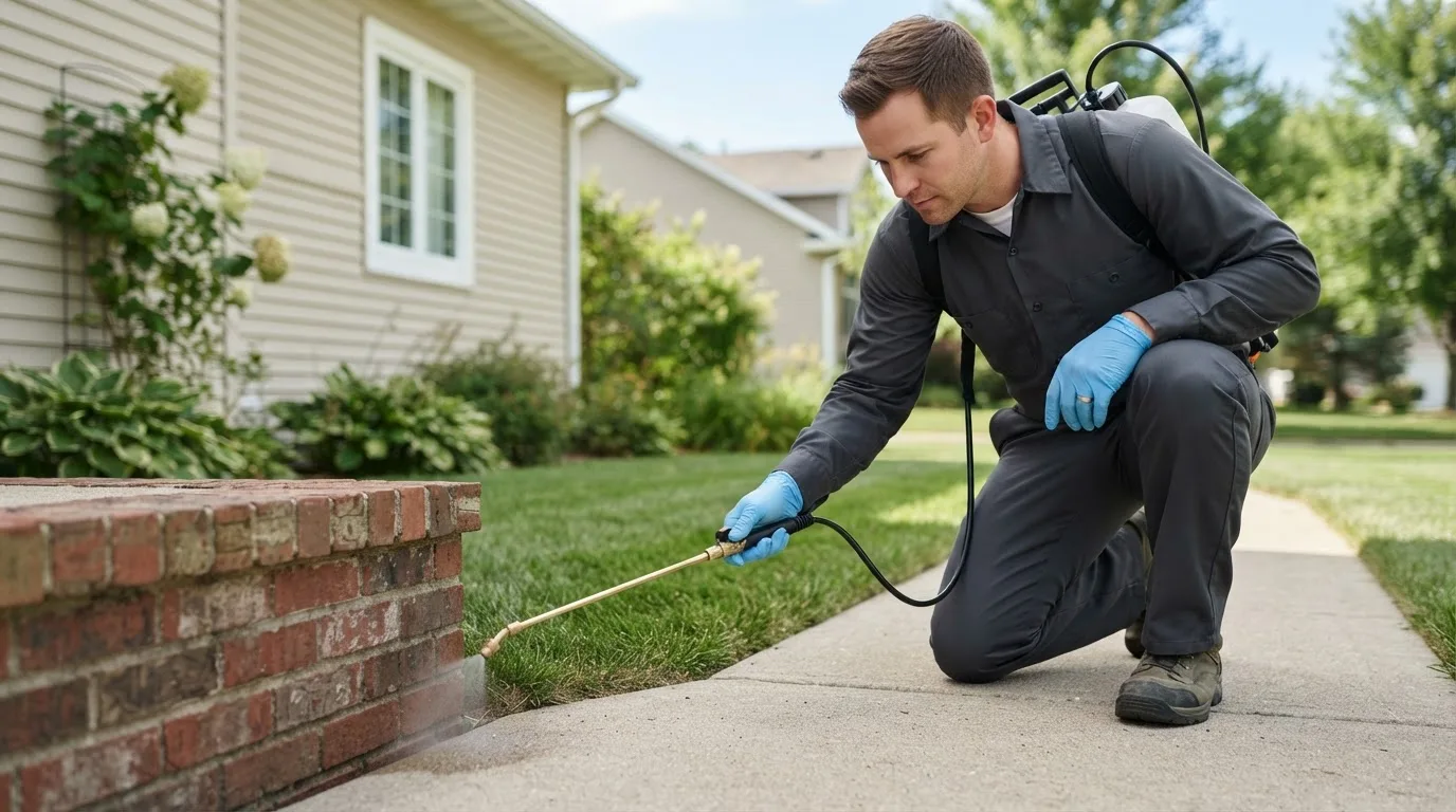 Pest control technician treating a home near Ayrshire, IA