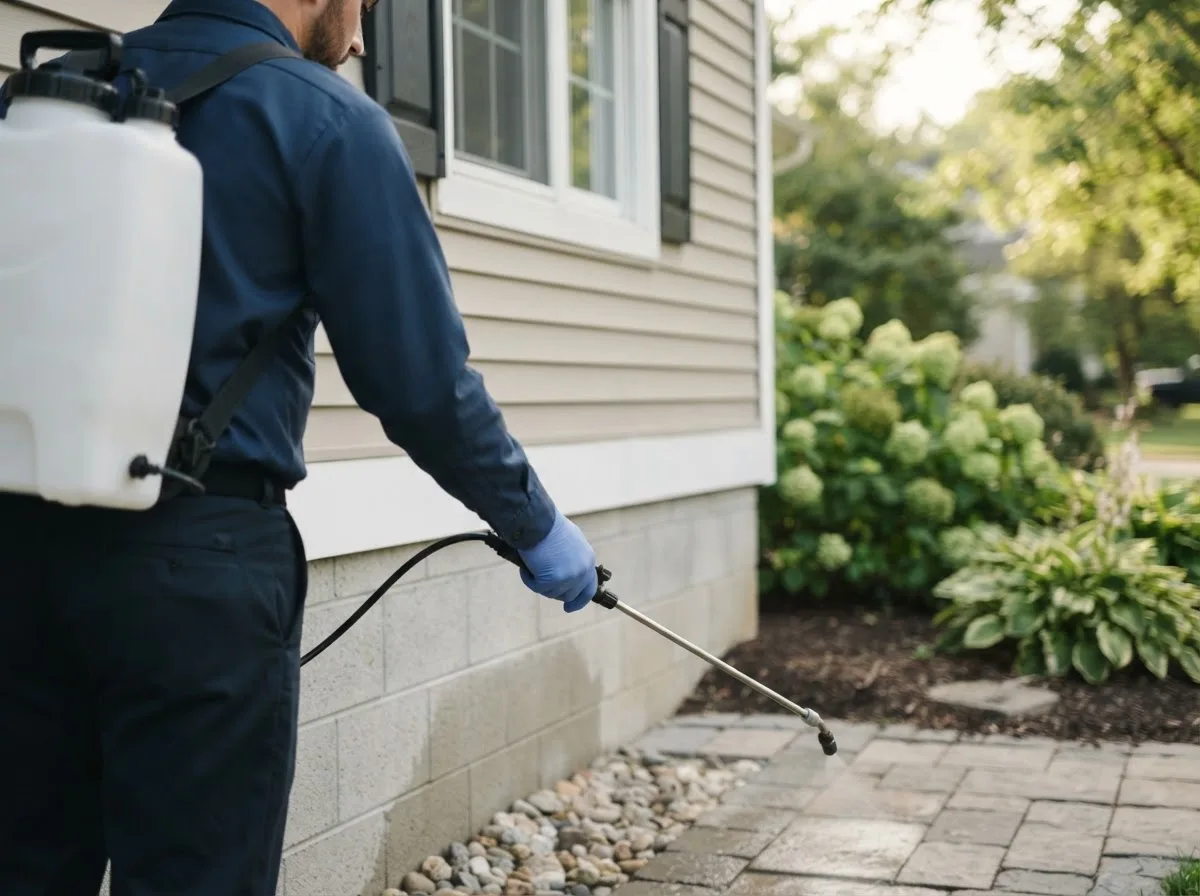 Pest control technician inspecting a home in Ayrshire, IA